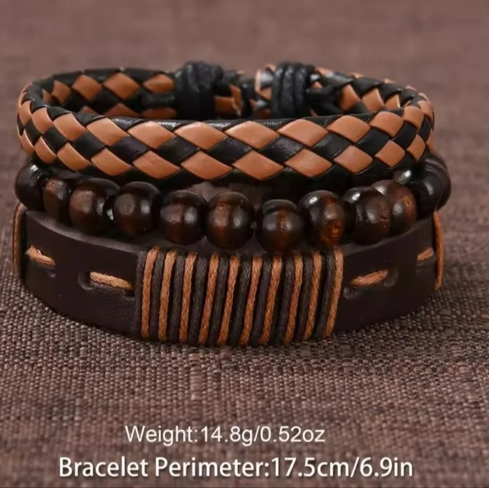 Men's‎ Watch Bracelets Set Leather Braided Layered Brown New f96